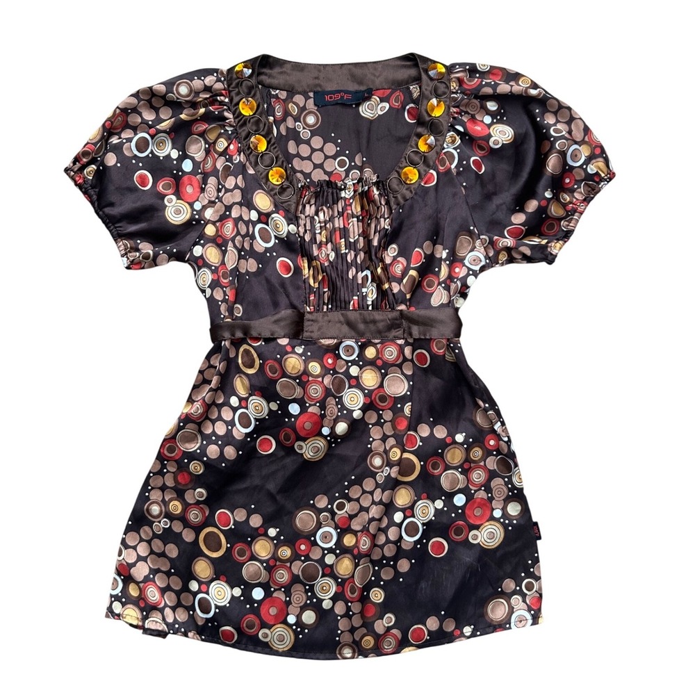 VTG Beaded neckline polkadot adjustable tie abstract short puff sleeve top L y2k